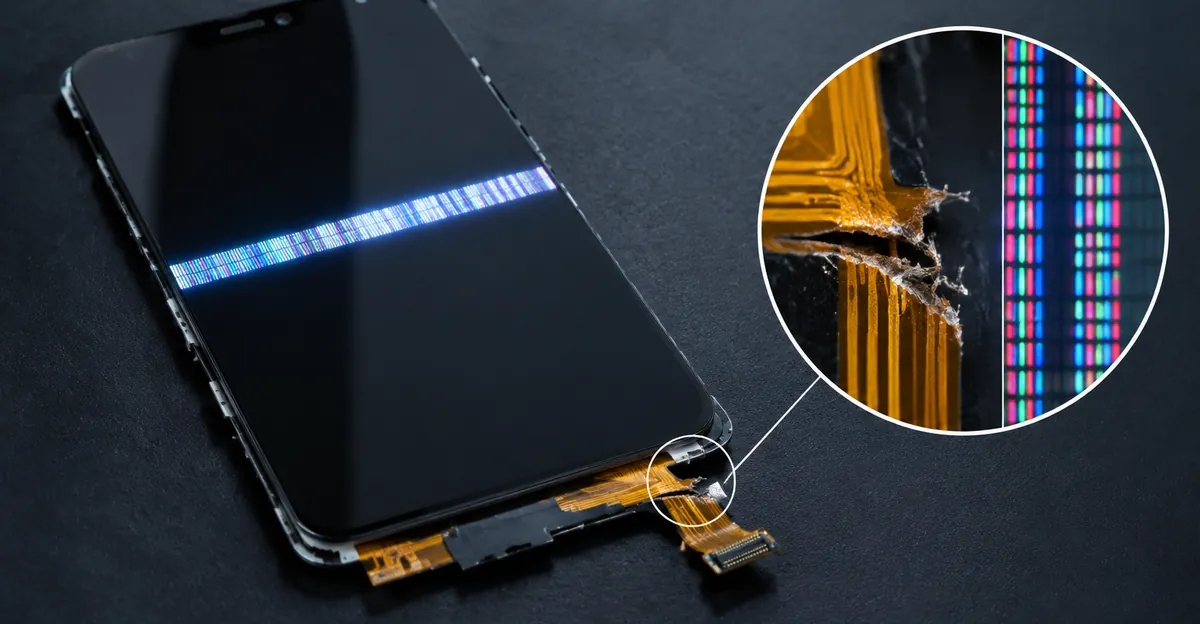 Cutaway phone display with a horizontal pixel band and a torn flex cable
