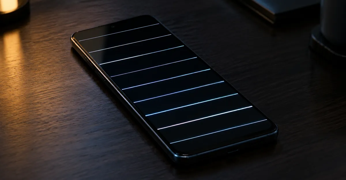 Android phone on a dark desk with horizontal lines across the screen