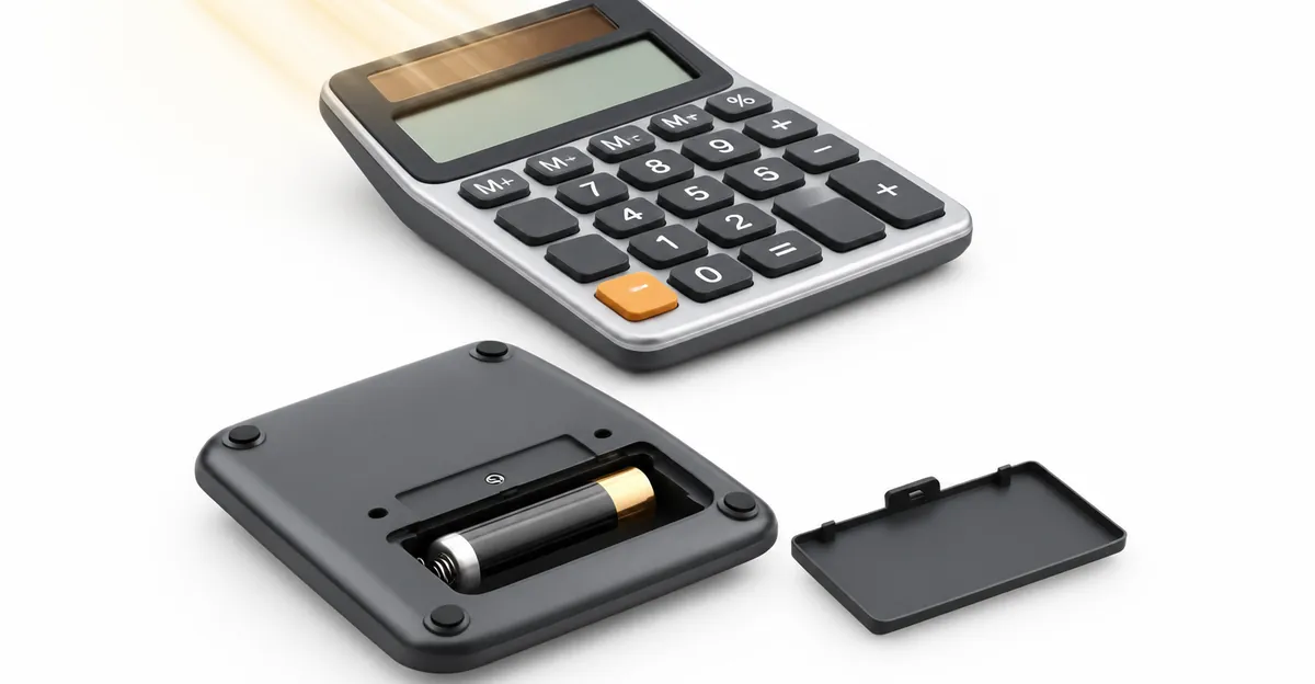 Desktop calculator dual power cutaway showing solar panel and open AA battery compartment