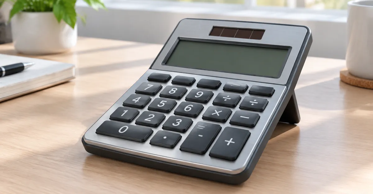 BAZIC 12-digit dual power desktop calculator with adjustable display on a wooden office desk