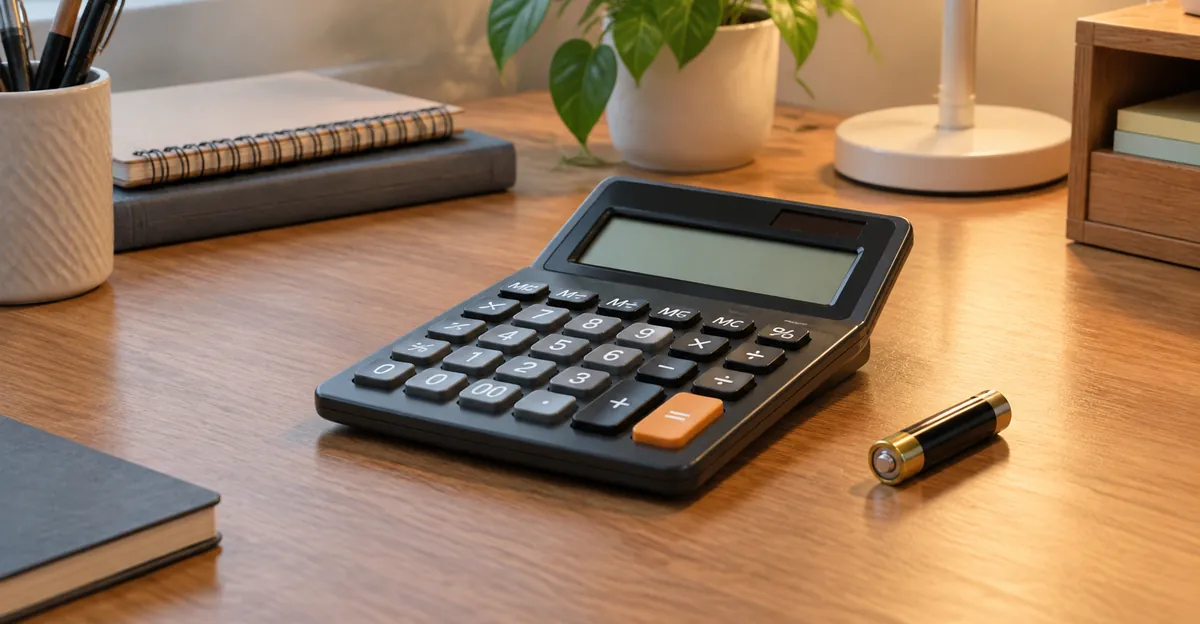 Desktop calculator with tilt display set at eye level and a spare AA battery on the desk