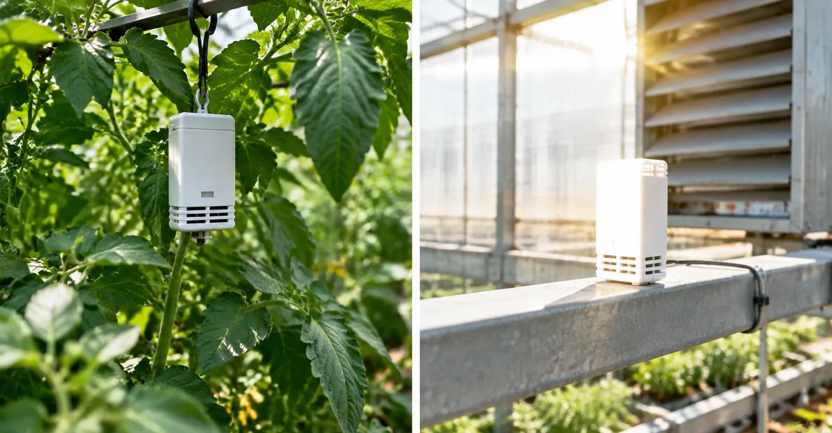 Side-by-side greenhouse sensor placement: shaded canopy hang versus sunlit metal rail near ventilation equipment