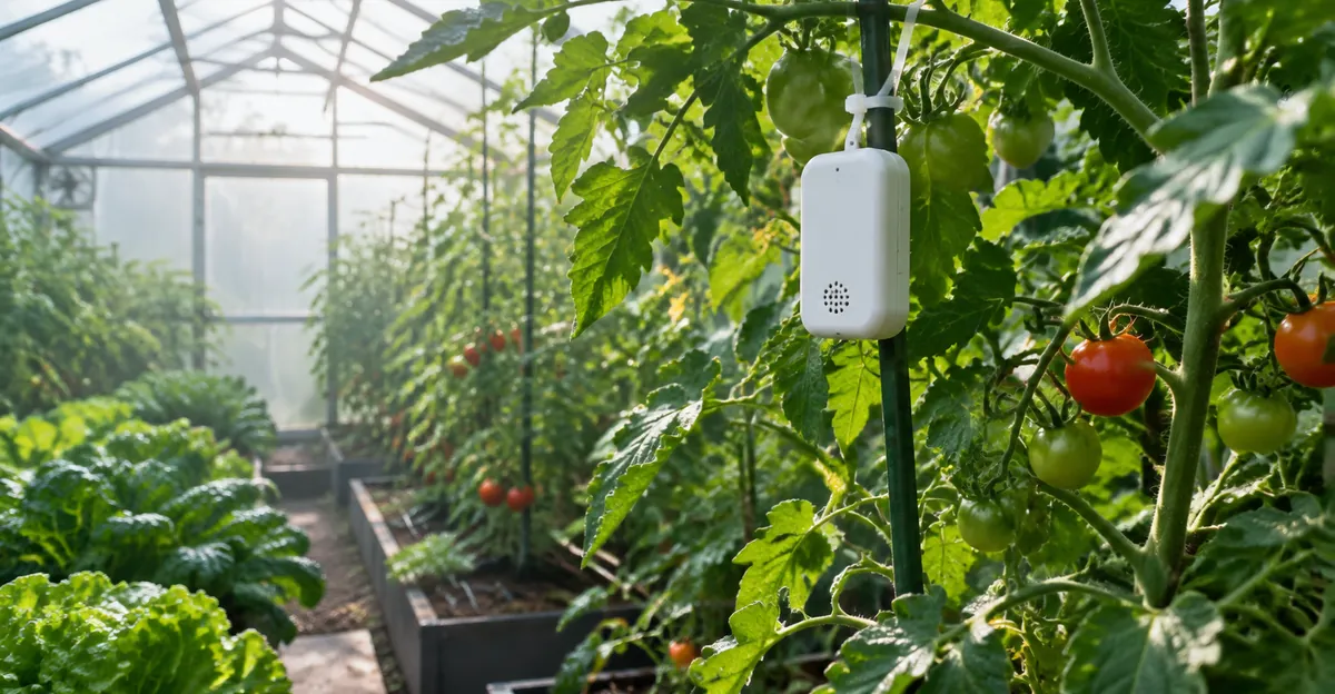 Bluetooth temperature humidity sensor hung at tomato canopy height inside a sunlit hobby greenhouse