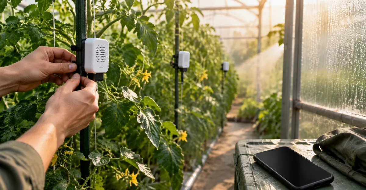 Grower mounting multiple Bluetooth greenhouse sensors along a plant aisle with a blank phone nearby