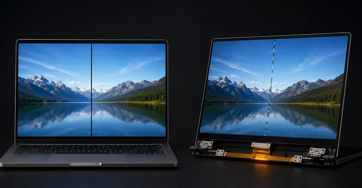 Vista lado a lado de um notebook com linha preta vertical ao lado de um conjunto de tela exposto com cabo flat danificado destacado na dobradiça