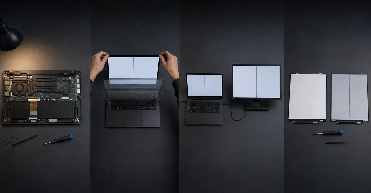 Fluxo de reparo em quatro painéis para linha preta no notebook: chassi aberto com ferramentas, tela com a linha, teste em monitor externo e painéis LCD de reposição