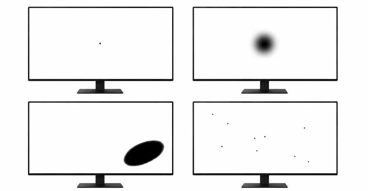 Side-by-side comparison of four different black spot defect types on LCD monitor screens: top-left shows a solid white monitor with a single tiny black dot dead pixel, top-right shows a solid white monitor with a small fuzzy dark patch in the center from pressure damage, bottom-left shows a solid white monitor with a darker rounded zone from localized backlight failure, bottom-right shows a solid white monitor with multiple scattered black dots from clustered dead pixels