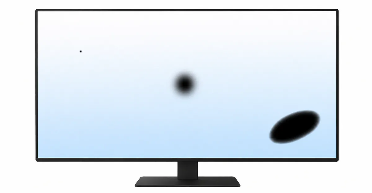 Modern widescreen LCD computer monitor showing a solid white background with several scattered small black dots of varying sizes on the display surface representing dead pixels pressure marks and backlight failure on the screen