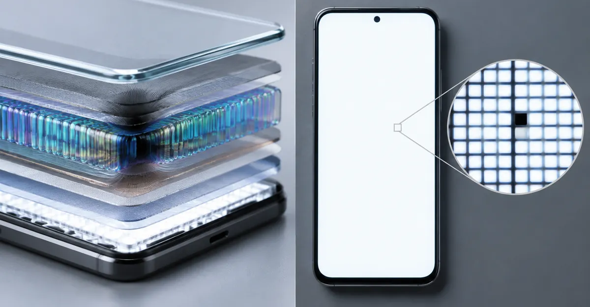 LCD layer cutaway beside a magnified single black dead pixel on a white phone screen