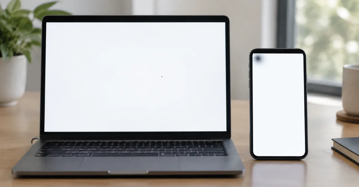 Laptop and phone on a white test screen each showing a black spot defect