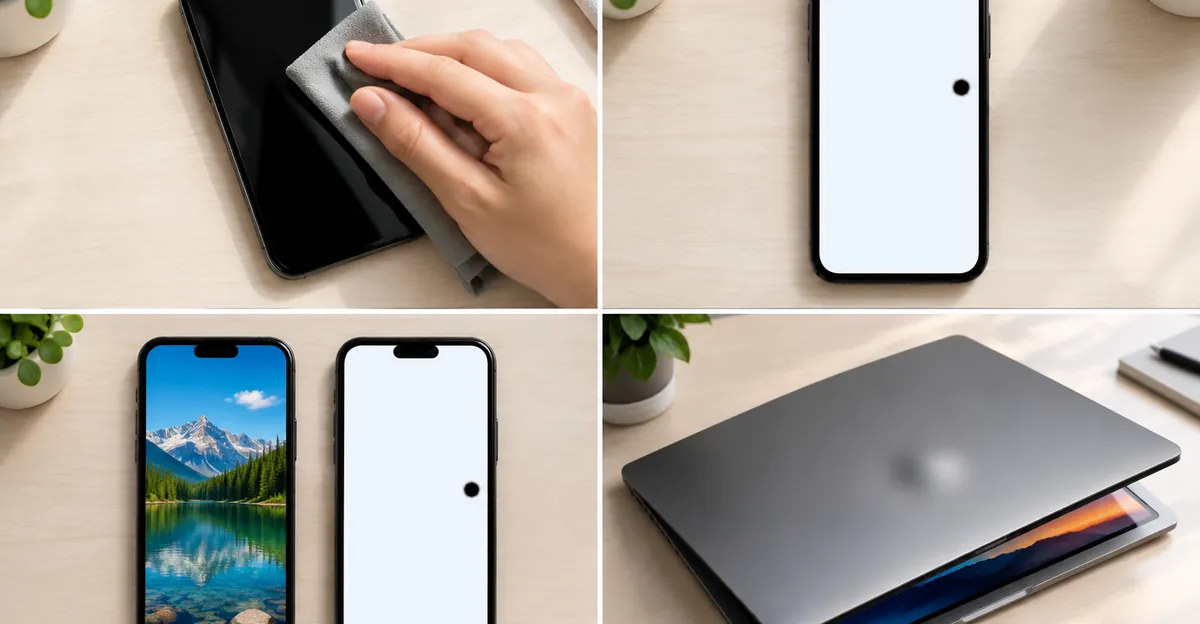 Phone cleaning, white-screen black spot check, side-by-side comparison, and laptop panel inspection