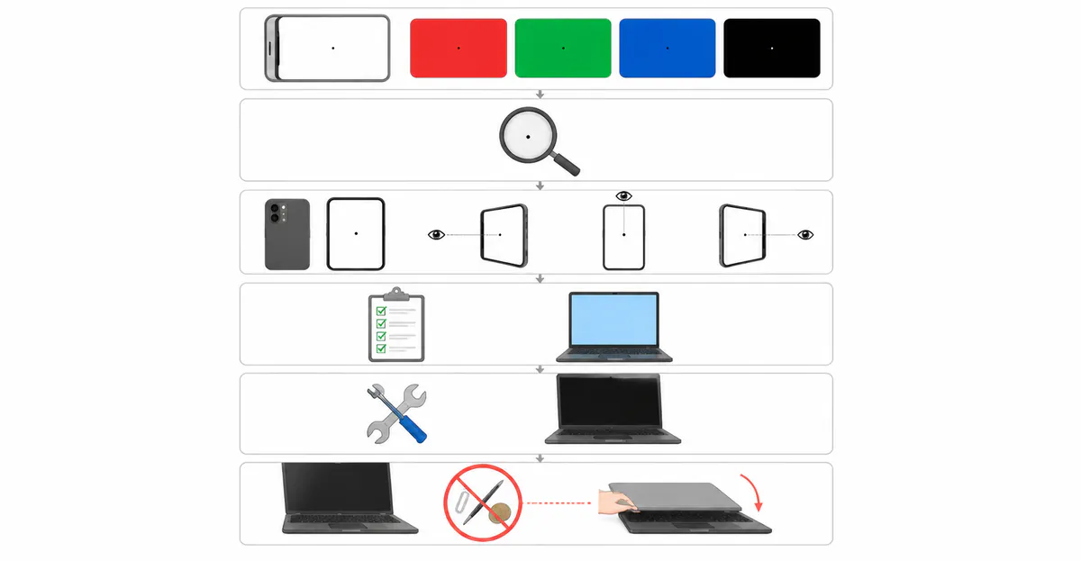 Six-step black spot diagnosis and repair workflow: run the screen test tool with solid colors, check for pressure marks by touch, document the spot with location and size, stop applying pressure to the screen, photograph the spot from multiple angles for evidence, and capture the serial number and proof of purchase for warranty claims