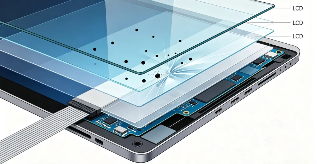 Ilustración de sección transversal de las capas de pantalla Retina de MacBook mostrando tres causas de manchas negras: píxel muerto en panel LCD, daño por presión entre capas comprimidas y partícula de polvo atrapada entre capas de pantalla