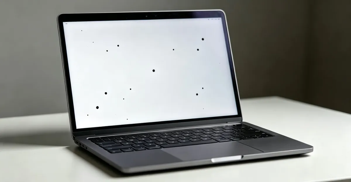 Pantalla MacBook Pro mostrando múltiples manchas negras pequeñas dispersas sobre un fondo de pantalla blanca, demostrando un problema común de píxeles muertos y daño por presión
