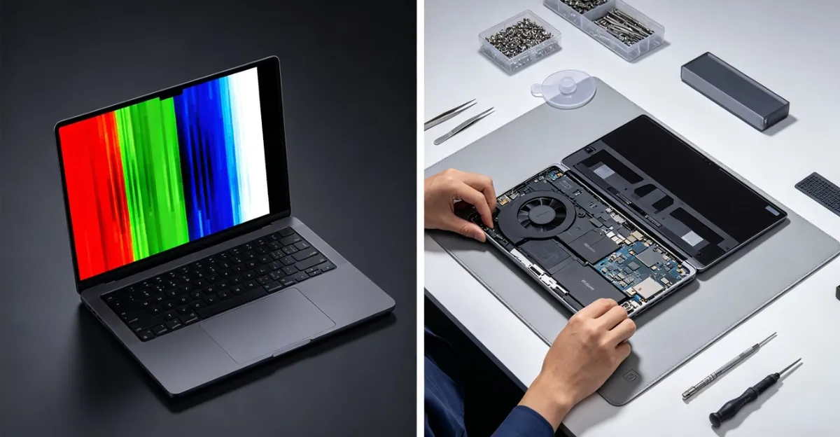 Escena dividida mostrando soluciones de reparación de pantalla MacBook: software de reparación de píxeles con patrones de ciclo de color a la izquierda, y técnico reemplazando panel de pantalla con herramientas profesionales a la derecha