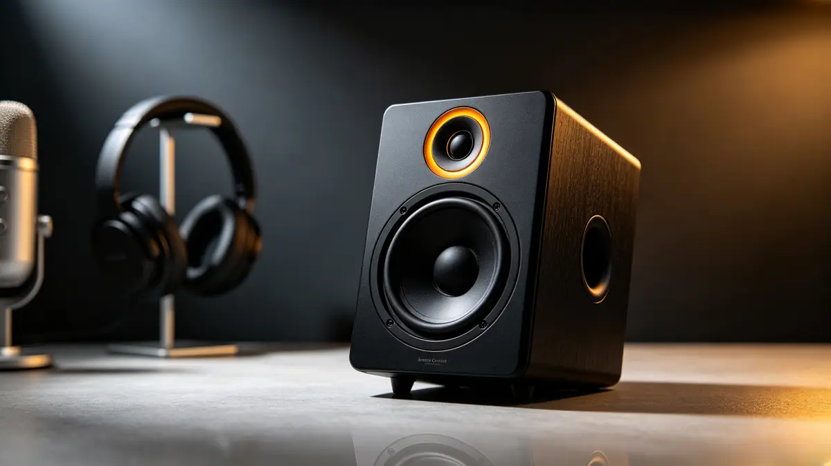 Audio & headsets — nearfield studio monitor with the yellow Image Control Waveguide paired with a condenser microphone and closed-back headphones on a home recording desk