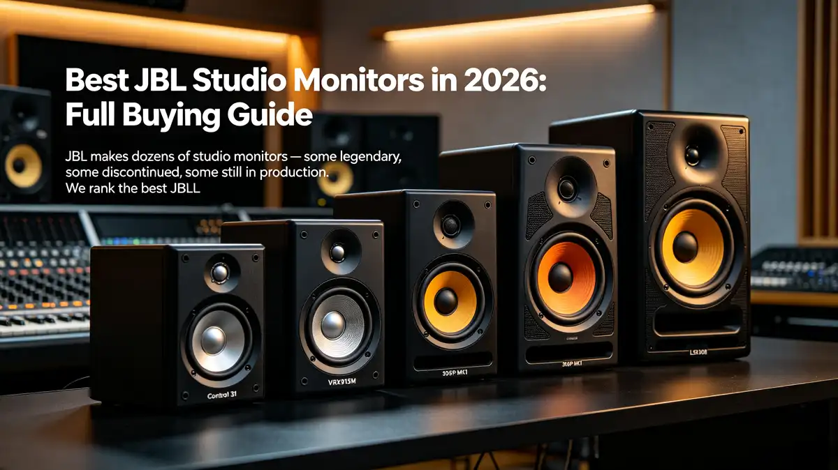 JBL nearfield studio monitor with the yellow Image Control Waveguide, paired with a condenser microphone and closed-back headphones on a home recording desk