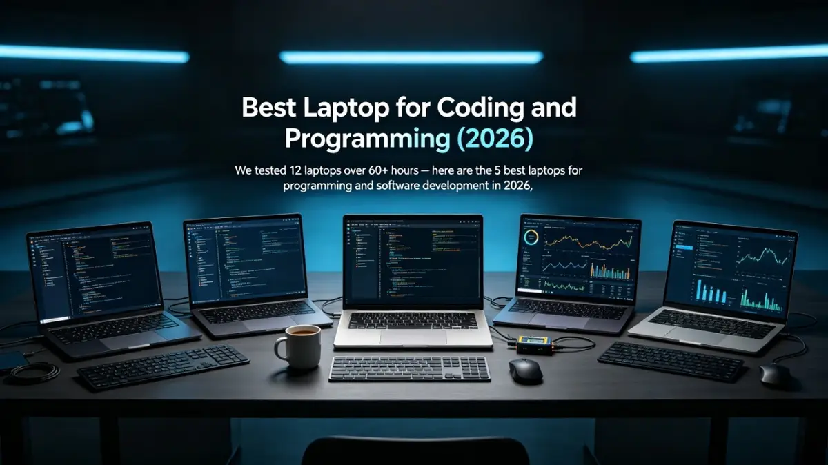 Best laptops for coding and programming 2026 — lineup showing MacBook Pro M5 Pro, MacBook Air M5, Dell XPS 16, ThinkPad X1 Carbon Gen 13, and ASUS ROG Zephyrus G16
