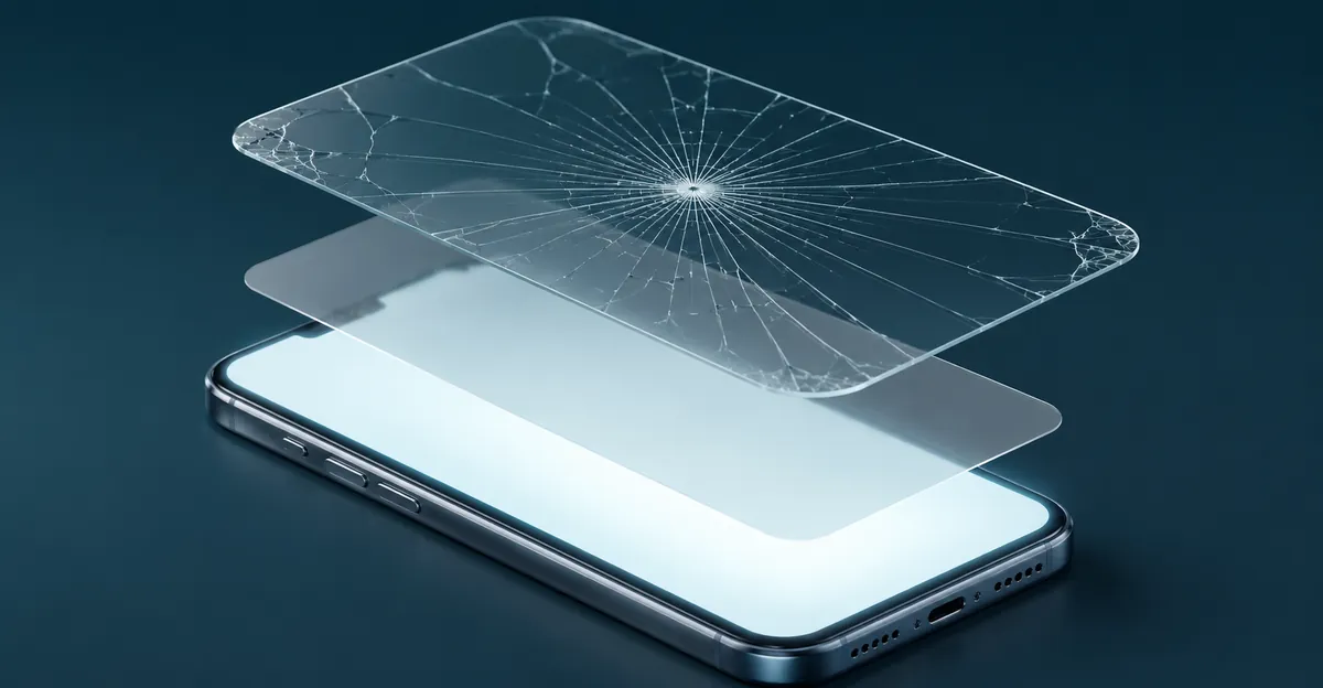 Exploded cross-section of a phone display showing a cracked screen protector layer above an intact OLED panel