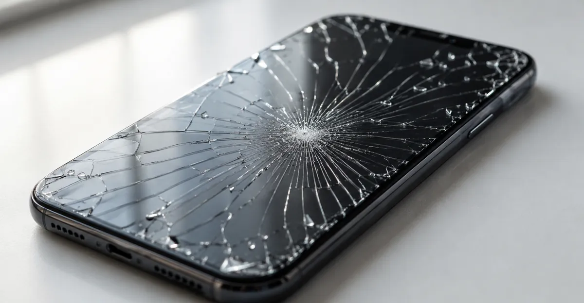 Smartphone with a shattered tempered glass screen protector showing spiderweb cracks from impact