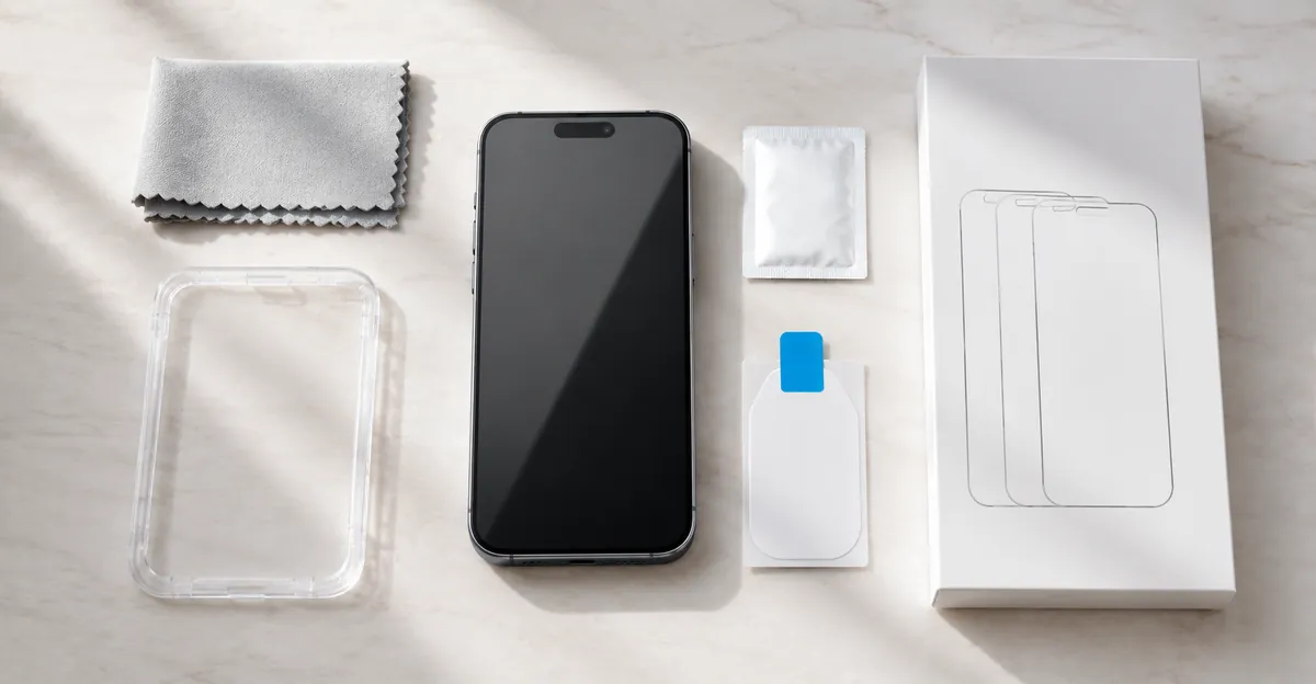 Smartphone with a freshly applied bubble-free tempered glass protector, surrounded by microfiber cloth, alignment frame, alcohol wipe, and dust removal sticker on a clean work surface