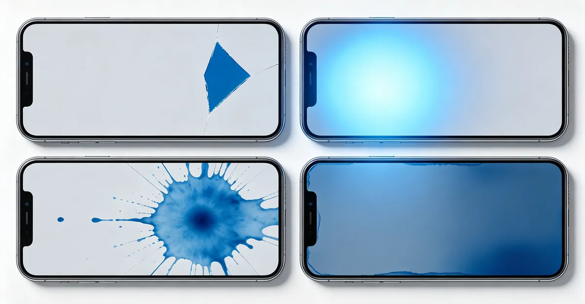 Four-panel diagram showing the four distinct causes of blue patches on mobile screens: physical impact, backlight failure, liquid damage, and battery bloat