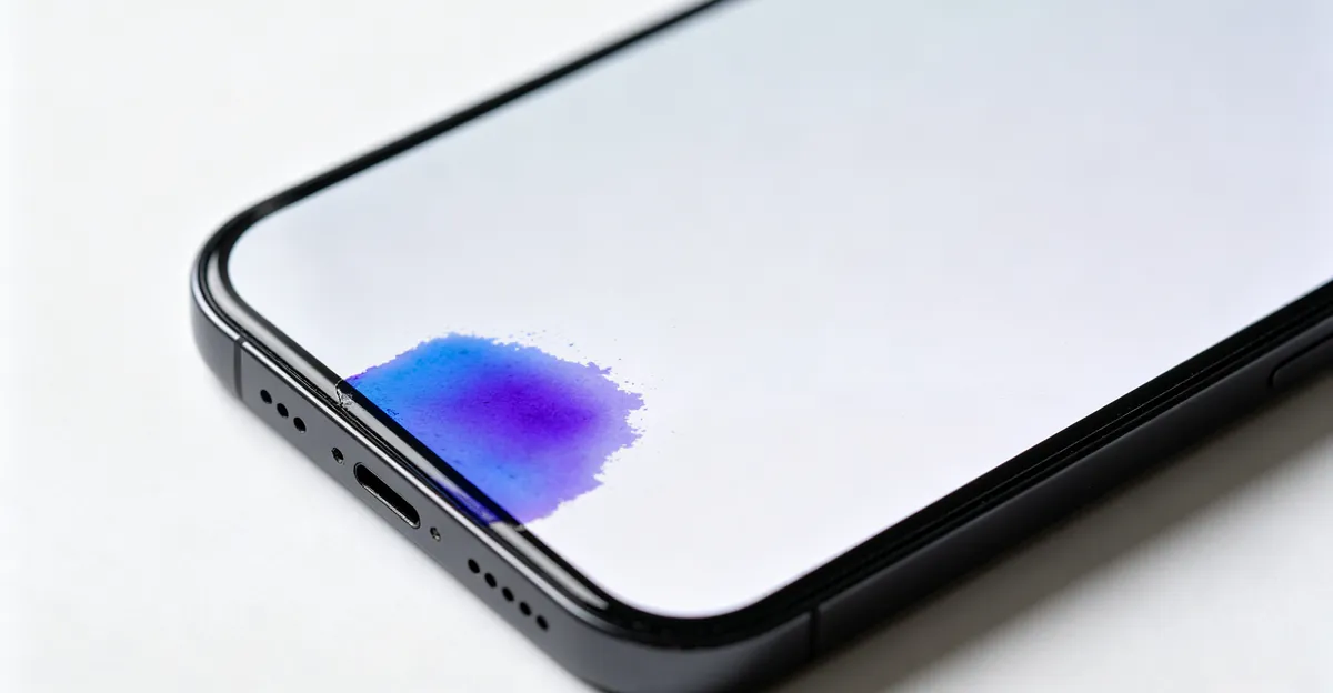 Smartphone screen showing a localized blue-purple discoloration patch in the lower corner, illustrating a common mobile display defect symptom