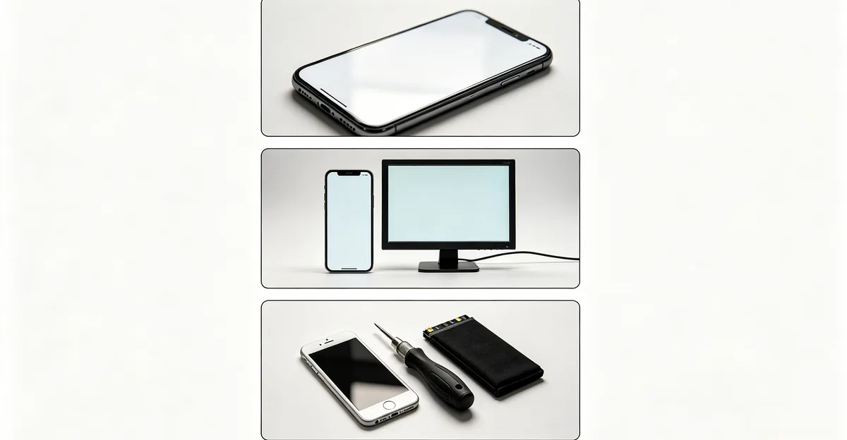 Diagnostic workflow diagram showing solid color testing, screenshot comparison, brightness adjustment, and professional repair evaluation for blue patch on mobile screen
