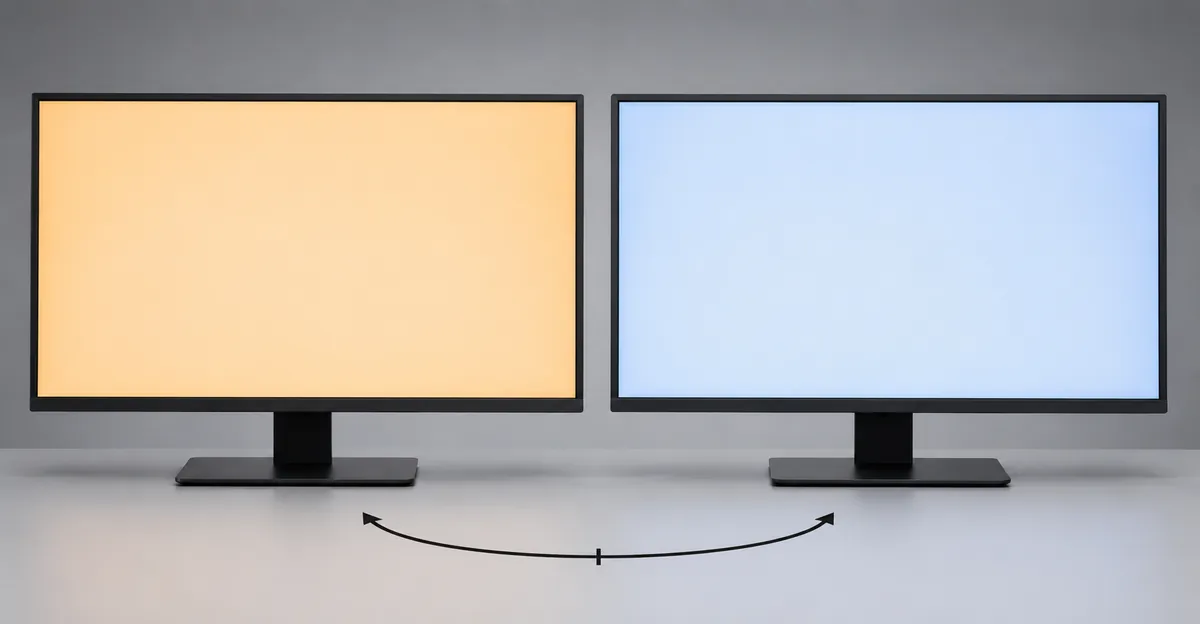Side-by-side color-temperature slider showing a warm 6500K reference versus a blue-shifted 9000K preset that produces a tint