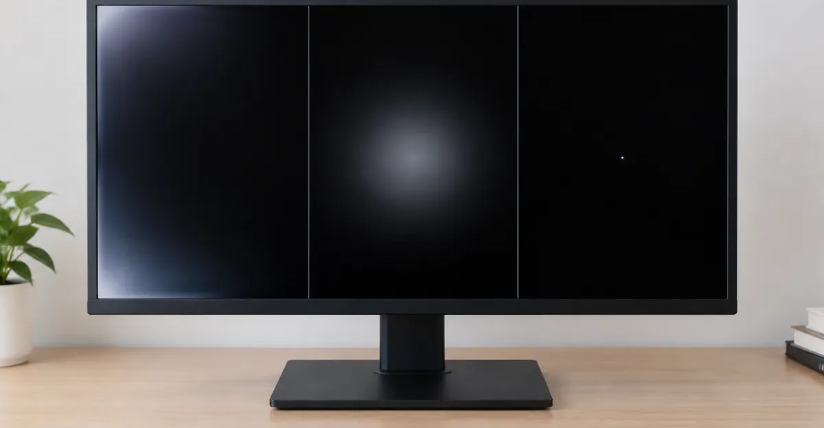 Side-by-side monitor panel defects: corner backlight bleed, cloudy pressure bright patch, and a sharp hot pixel