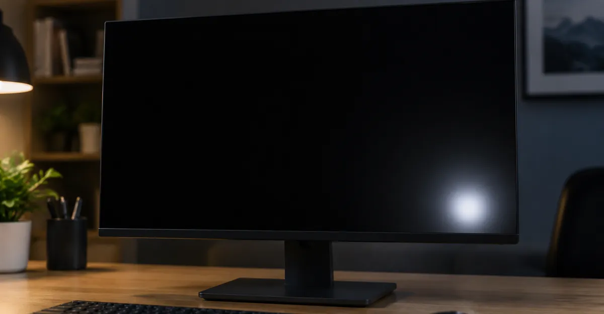 Desktop monitor on a dim desk showing a dark screen with one bright glowing spot