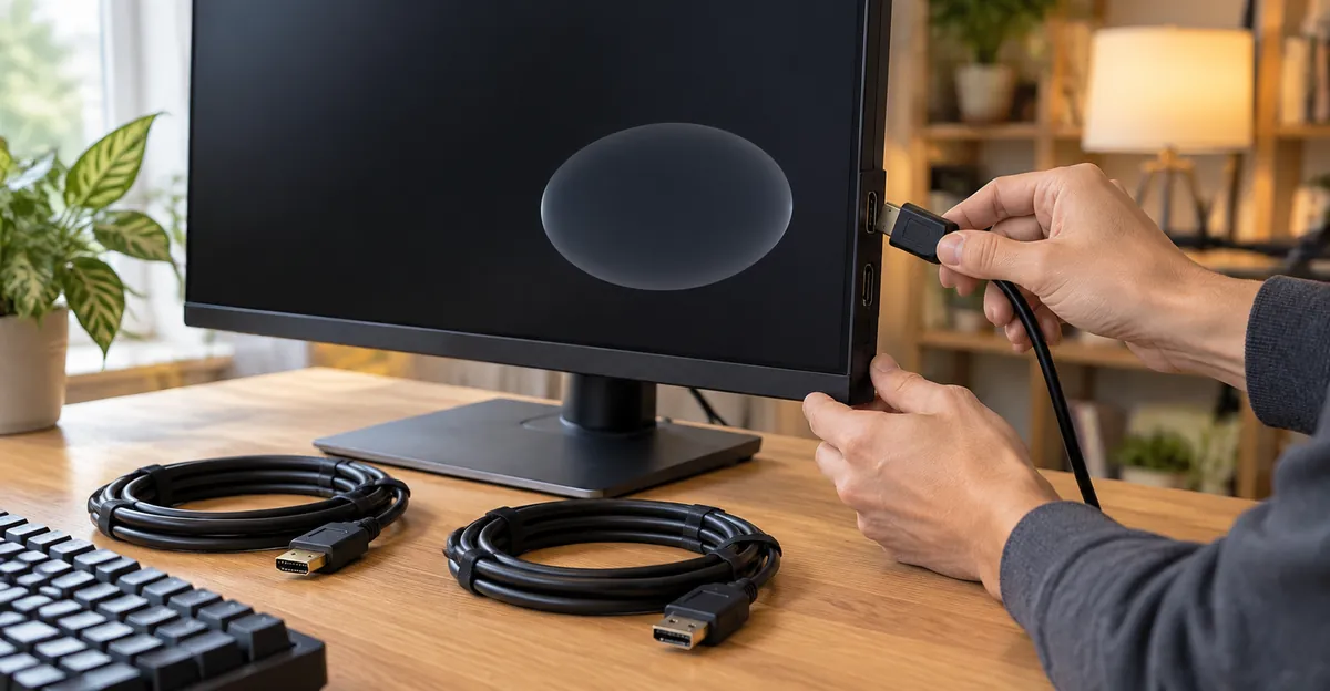 Hands plugging a video cable into a desktop monitor while spare HDMI and DisplayPort cables sit on the desk
