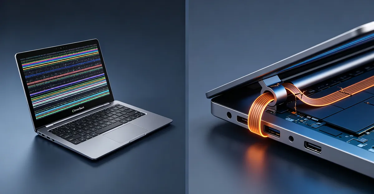 Vista lado a lado de um Chromebook com tela totalmente distorcida ao lado de um corte da dobradiça destacando cabo flat de display rachado e iluminado