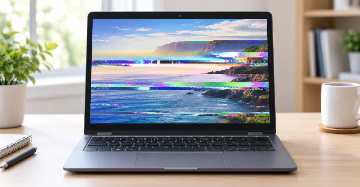 Chromebook em mesa de madeira mostrando faixas horizontais coloridas de glitch sobre um papel de parede de paisagem costeira