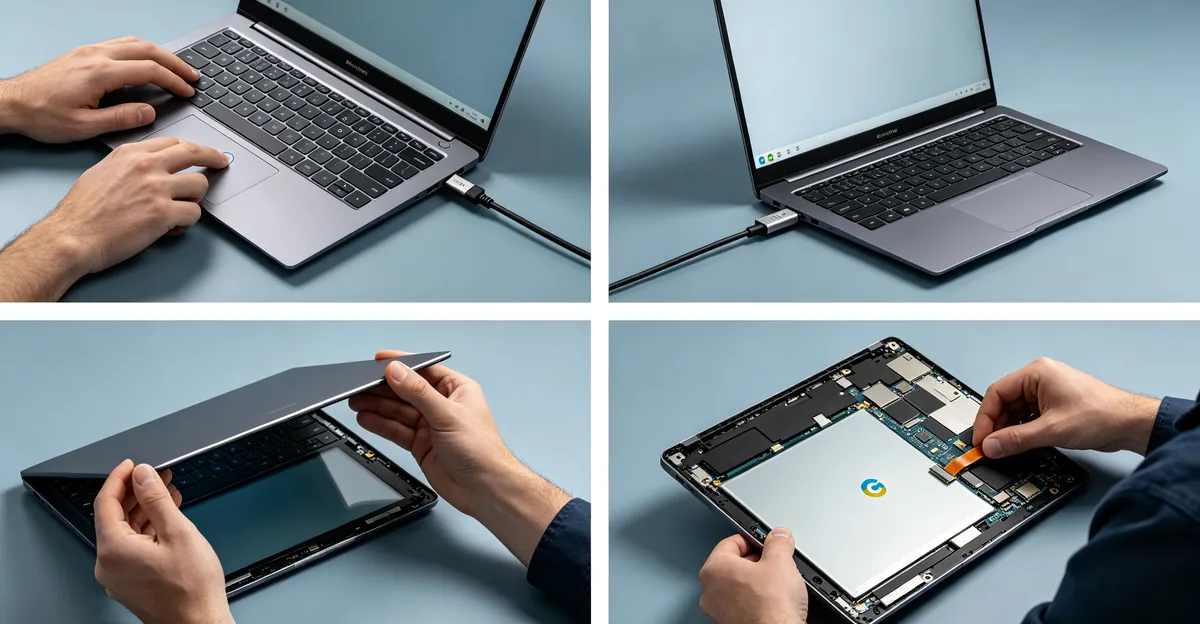 Fluxo de reparo do Chromebook em quatro painéis: uso do aparelho, conexão de energia externa, abertura da moldura da tela e reencaixe do cabo flat laranja