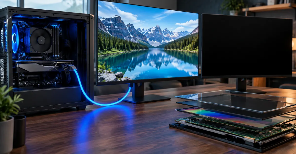 Graphics card connected by a video cable to a monitor panel beside a sleeping display with only a tiny standby light