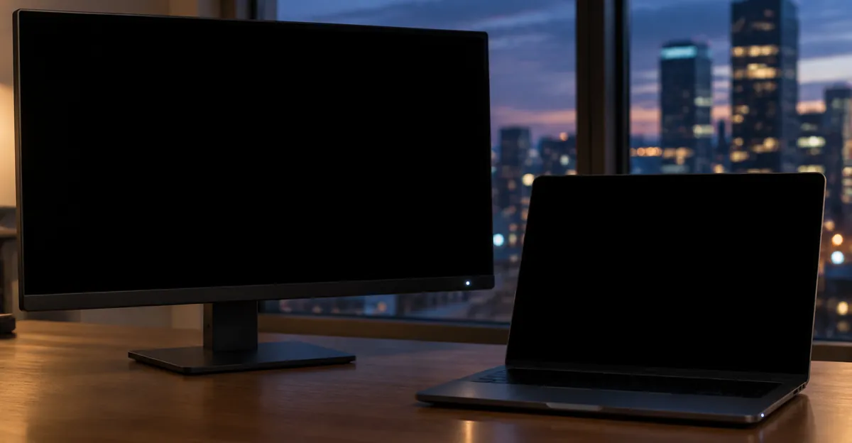Desktop monitor and open laptop side by side with fully black screens and glowing power lights on a dim desk