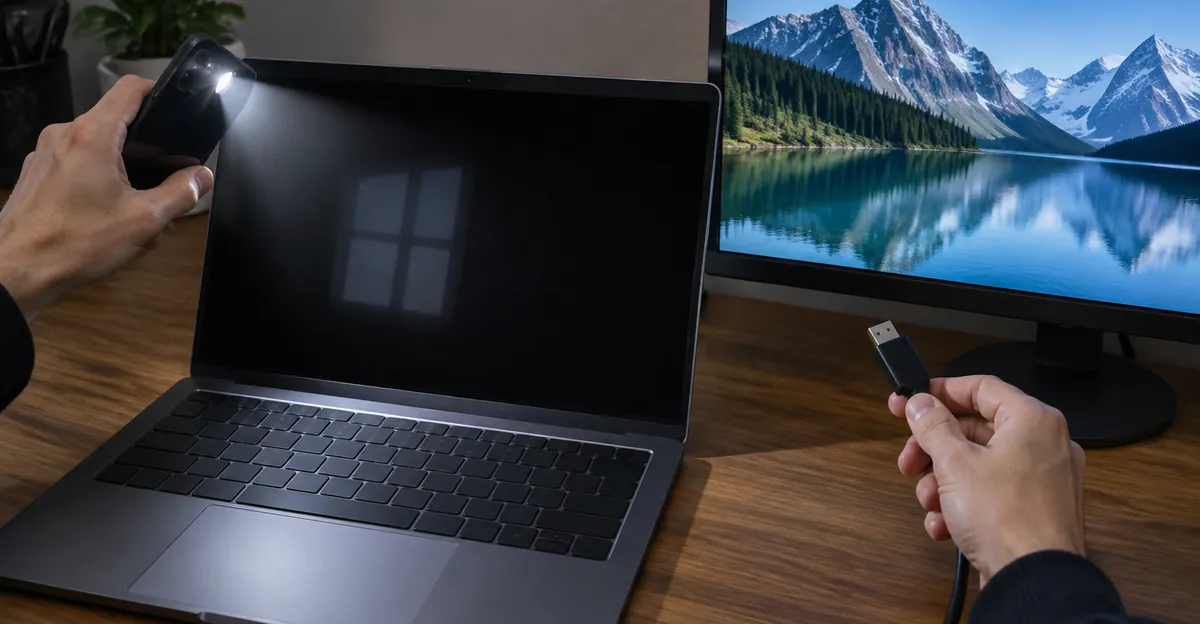 Phone flashlight on a dark laptop lid, HDMI cable being reseated, and a second monitor showing a healthy image