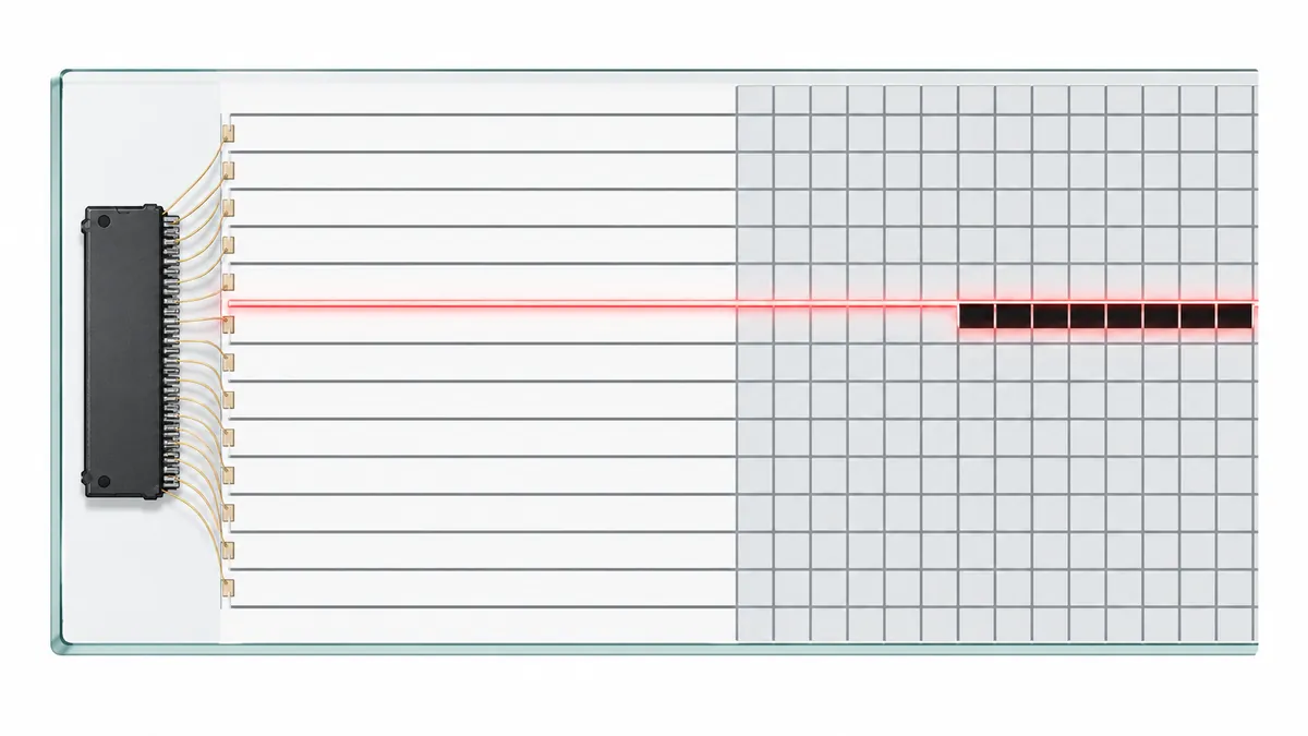 Magnified edge view of an LCD panel showing the gate driver IC chip on the glass substrate with parallel row electrodes extending across the pixel grid — one row is highlighted in red to indicate a failed gate driver connection producing a horizontal dead line