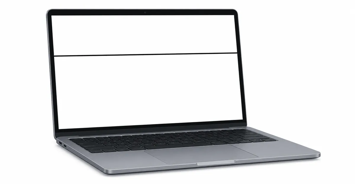 Open laptop computer displaying a clean white screen with a single thin perfectly straight horizontal black dead line of pixels running from the far left edge to the far right edge of the display