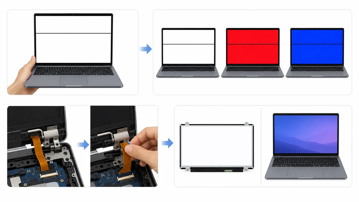 Four-step dead pixel line diagnosis and repair workflow: identify the dead line, test on multiple solid color backgrounds, inspect the hinge flex cable, and decide between panel replacement versus full device replacement