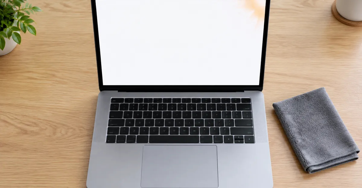 Notebook auf einem weißen Testfeld mit schwachem orangen Eckenfleck und Mikrofasertuch daneben