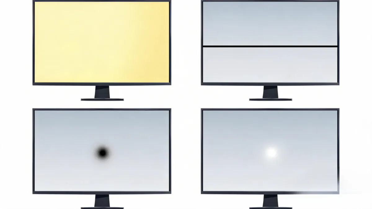 2-by-2 grid comparison of four common display issue types on LCD monitors: top-left solid yellow tint across whole screen, top-right a single horizontal black line across the display, bottom-left a small fuzzy dark spot, bottom-right a bright glowing white spot