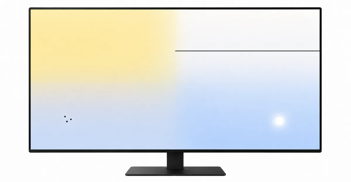 Front-facing modern widescreen LCD computer monitor showing four overlapping display defect regions: upper-left soft yellow color tint, upper-right thin horizontal black line, lower-left small cluster of black dots, lower-right bright white glowing spot