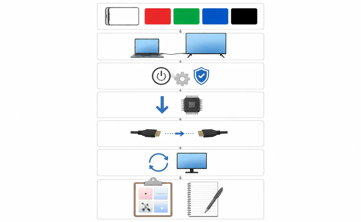 Seven-step display issue diagnosis workflow: run the screen test tool with solid colors, connect to an external display to isolate GPU vs panel, boot into Safe Mode or BIOS, update or roll back graphics drivers, reseat cables if accessible, reset display settings to defaults, document the issue with photos and notes for warranty or repair