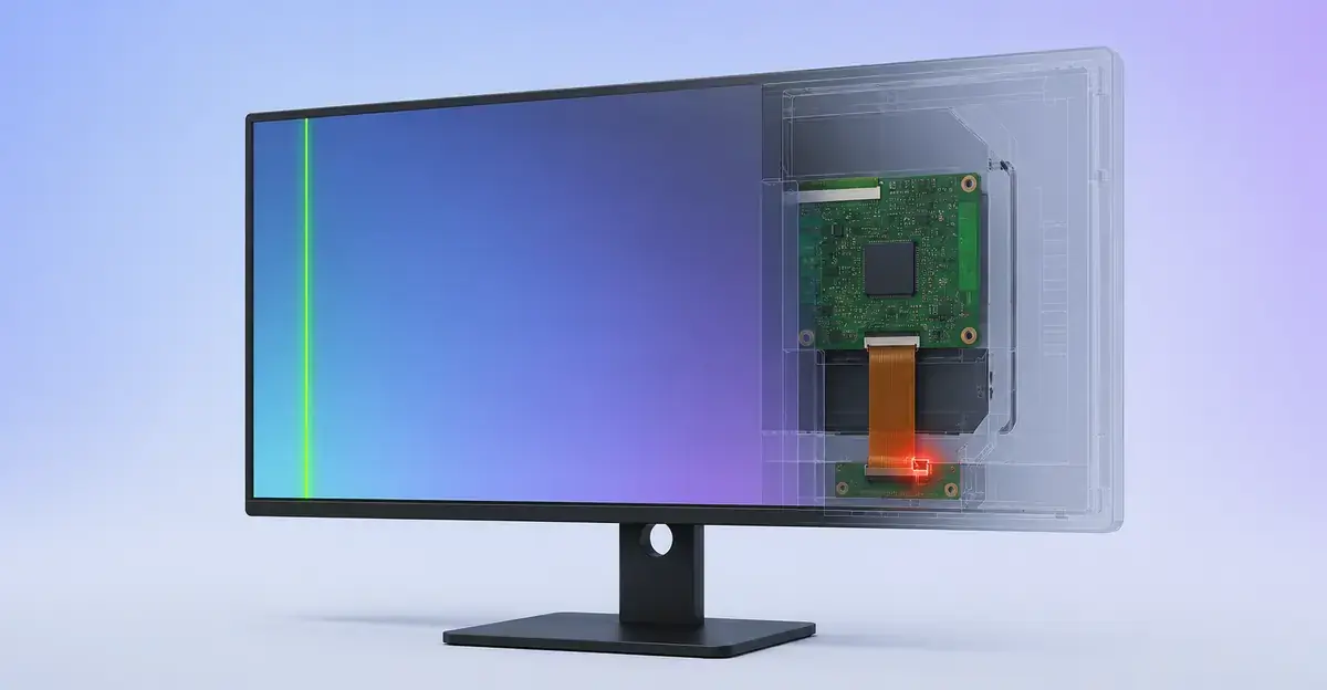 Cross-section diagram of a monitor showing internal T-Con board and ribbon cable failure causing green vertical line on screen