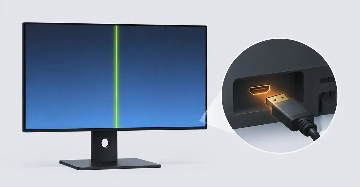 Modern minimalist illustration of a green vertical line on a computer screen caused by HDMI cable connection issue