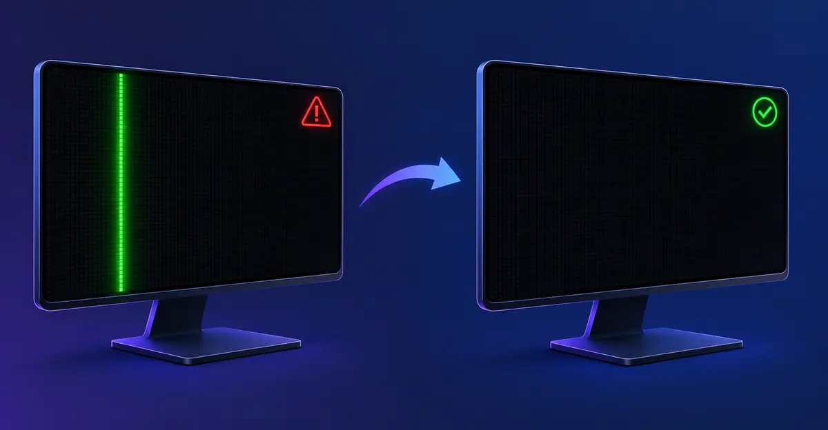 External monitor with vertical green line — T-Con board and ribbon cable inspection for repair