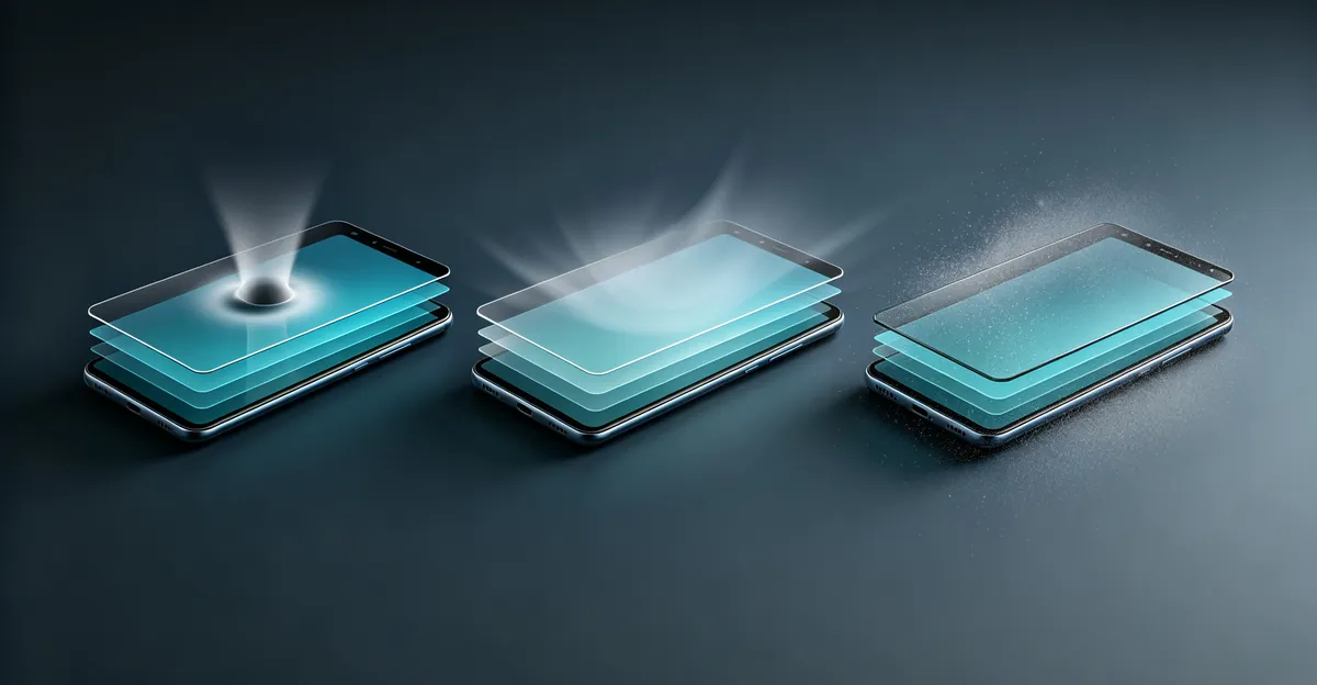Cross-section diagram showing phone display layers with pressure damage, adhesive delamination, and trapped dust causing grey spot appearance