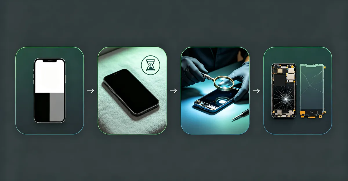 Repair workflow showing grey spot diagnosis with screen test, waiting period, professional cleaning, and screen replacement options
